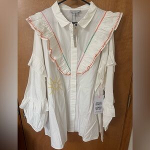White Ruffled Blouse with Colorful Trim